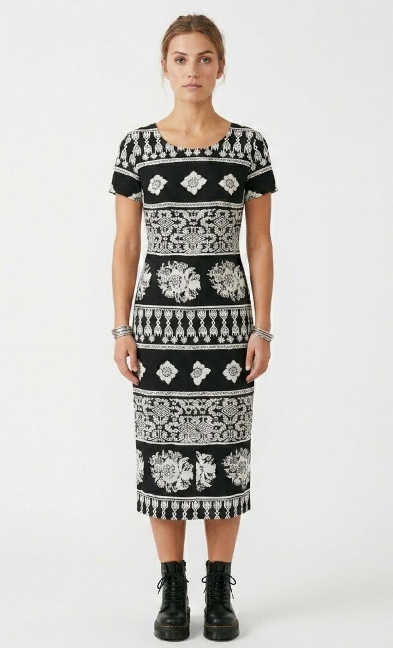 Vintage 90s Infatuation Whimsygoth Midi Dress Black and White M Boho Print